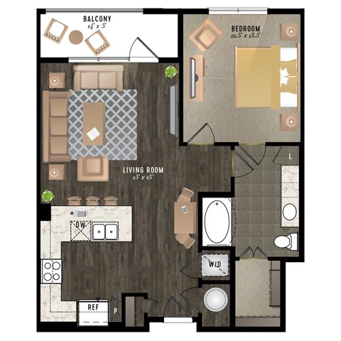 Floor plan for 1 bed, 1 bath, 824 sqft
